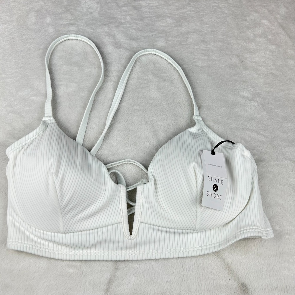 Shade & Shore V-Wire Bikini Top Womens 34DD White Ribbed Longline Removable Pads